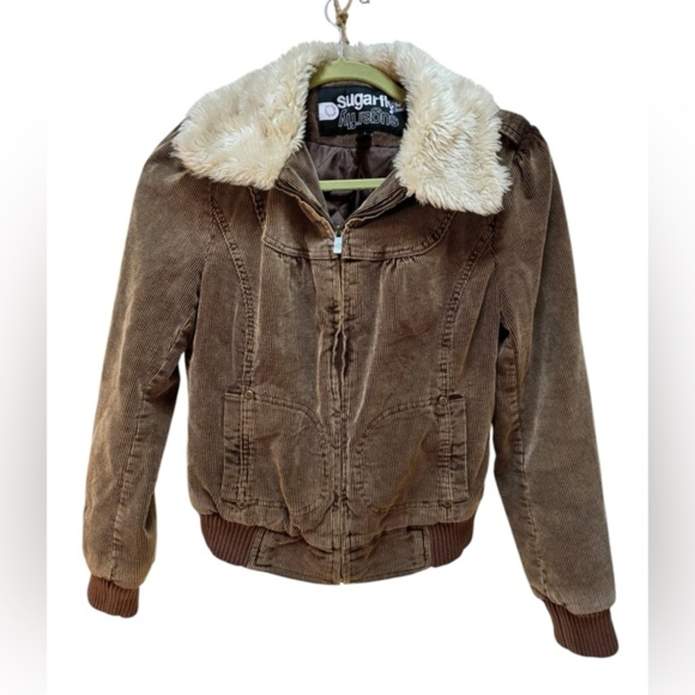 SugarFly women’s Brown Corduroy zipper Jacket with Faux Fur Collar small preppy